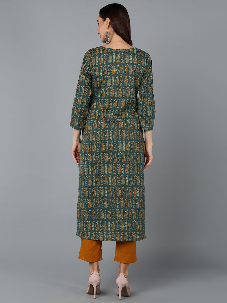 Women's Cotton Green Paisley Printed Regular Fit Kurta