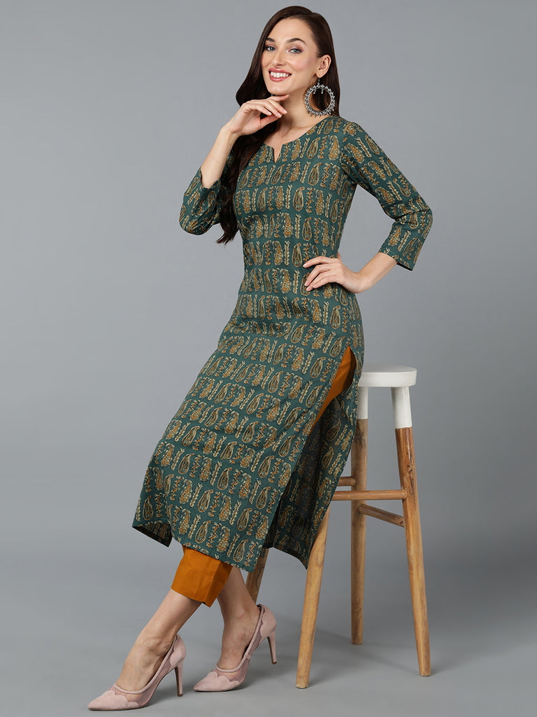 Women's Cotton Green Paisley Printed Regular Fit Kurta