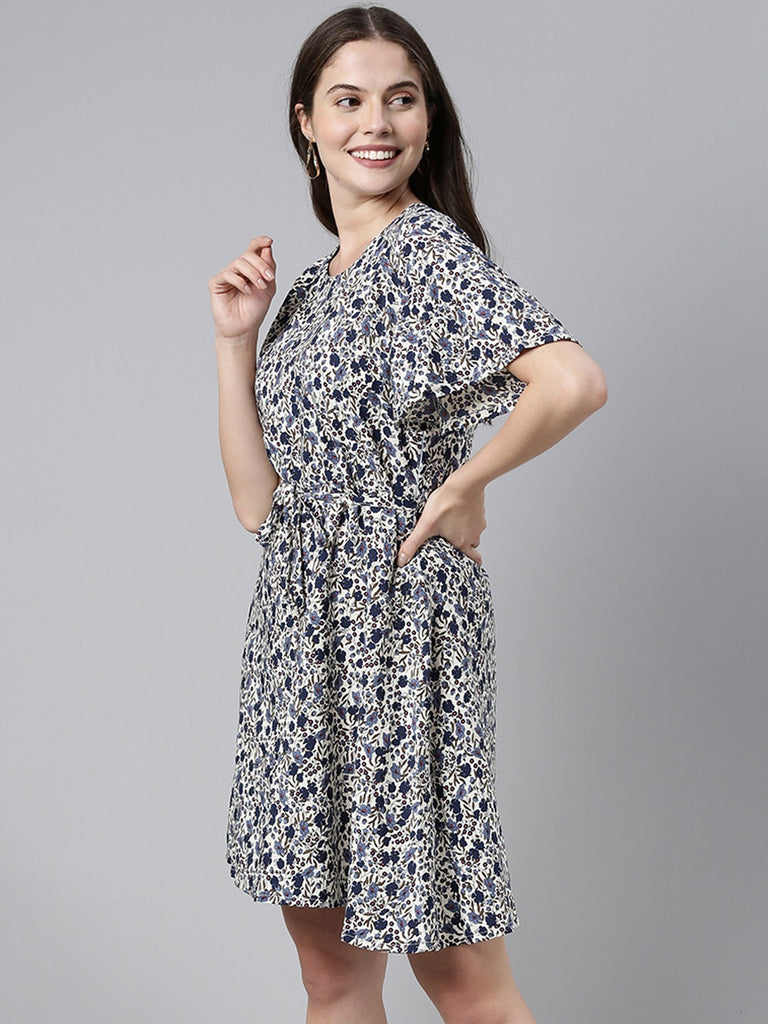 Women's White Polyester Floral Printed Dress
