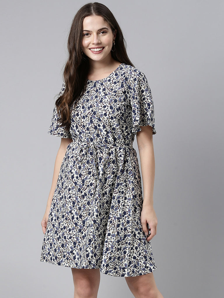 Women's White Polyester Floral Printed Dress