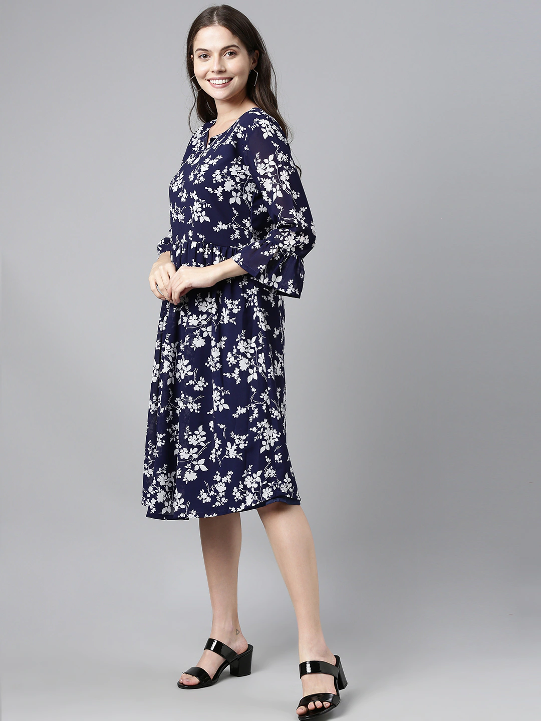 Women's Dark Blue Chiffon Floral Printed Dress  - Ahika