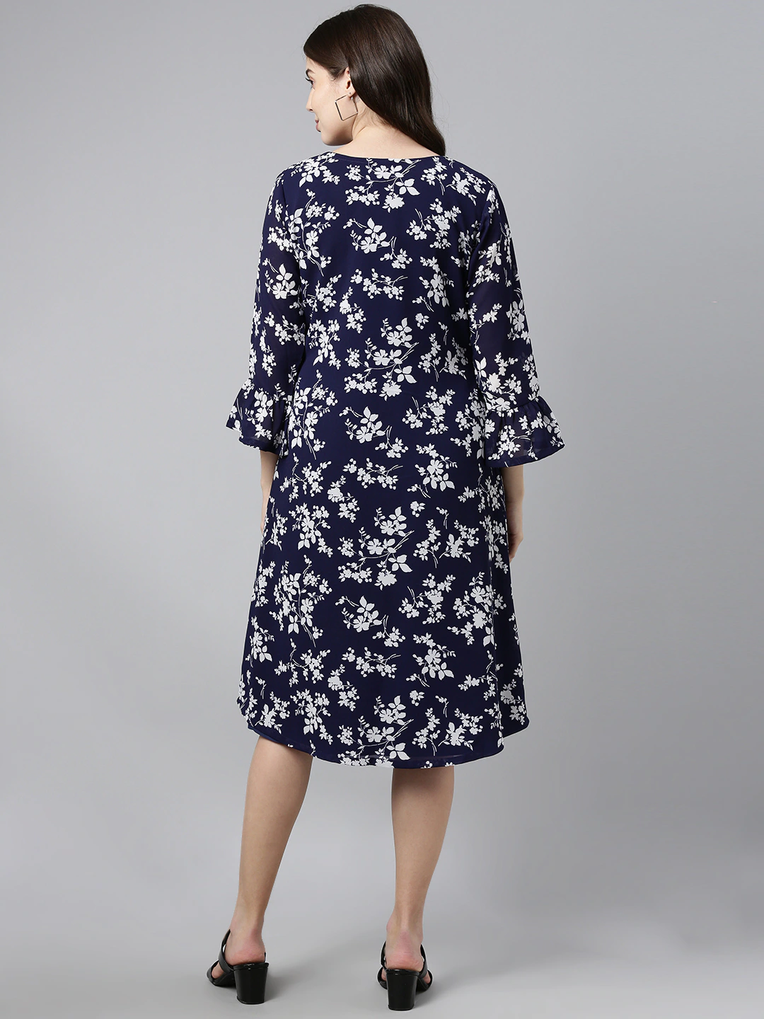 Women's Dark Blue Chiffon Floral Printed Dress  - Ahika