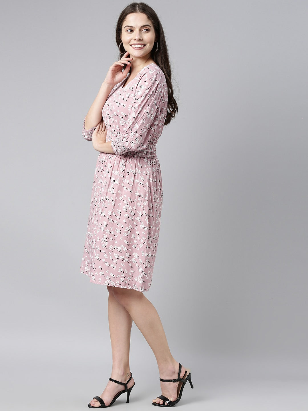 Women's Pink Crepe Floral Printed Dress  - Ahika