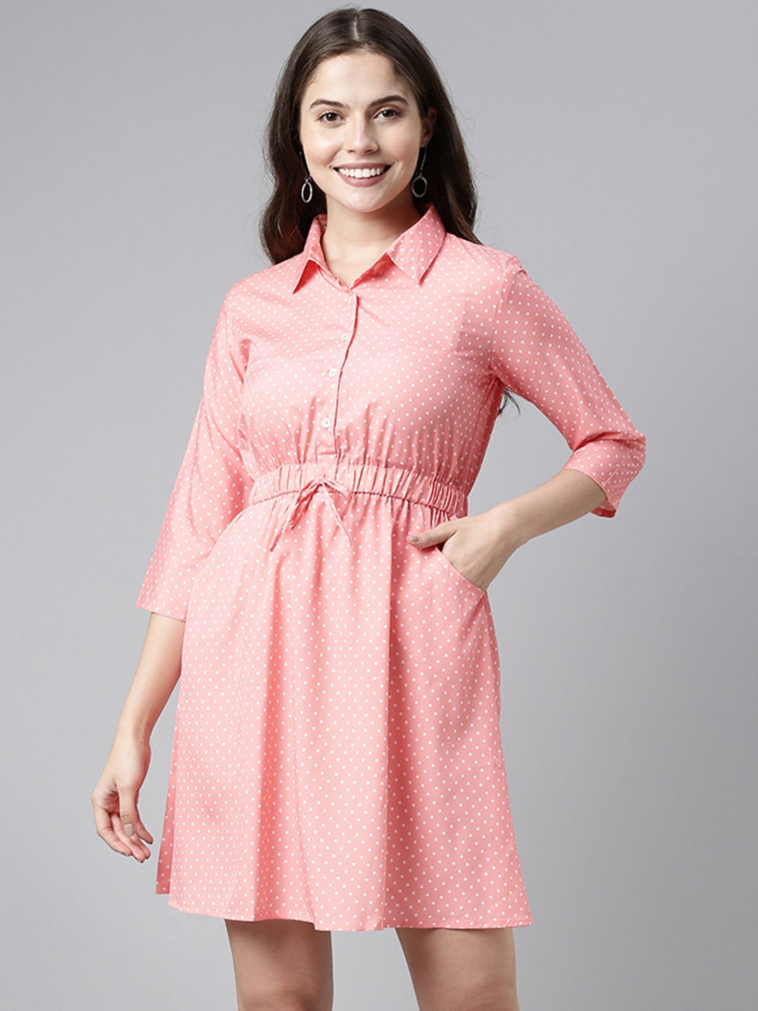 Women's Pink Crepe Polka Dots Printed Dress  - Ahika