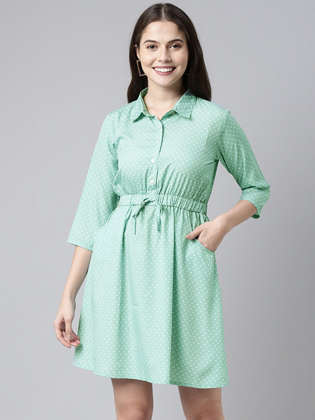 Women's Green Crepe Polka Dots Printed Dress  - Ahika