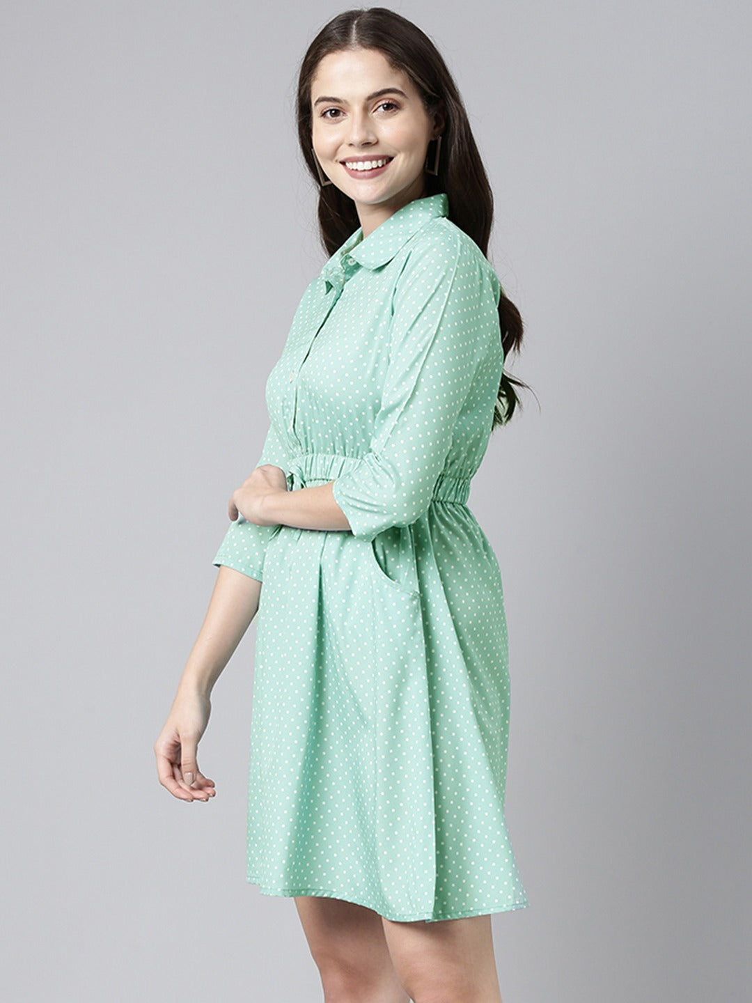 Women's Green Crepe Polka Dots Printed Dress  - Ahika