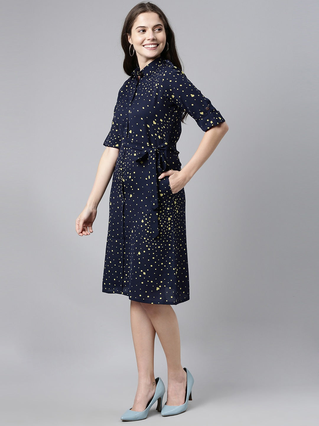 Women's Dark Blue Georgette Geometric Printed Dress  - Ahika