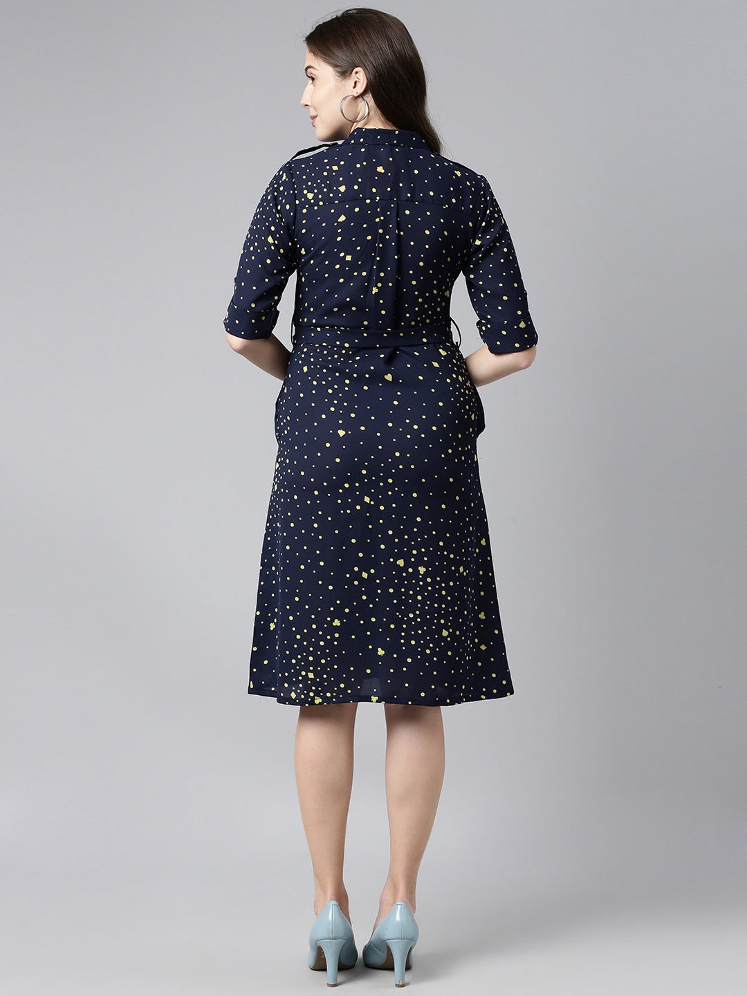 Women's Dark Blue Georgette Geometric Printed Dress  - Ahika