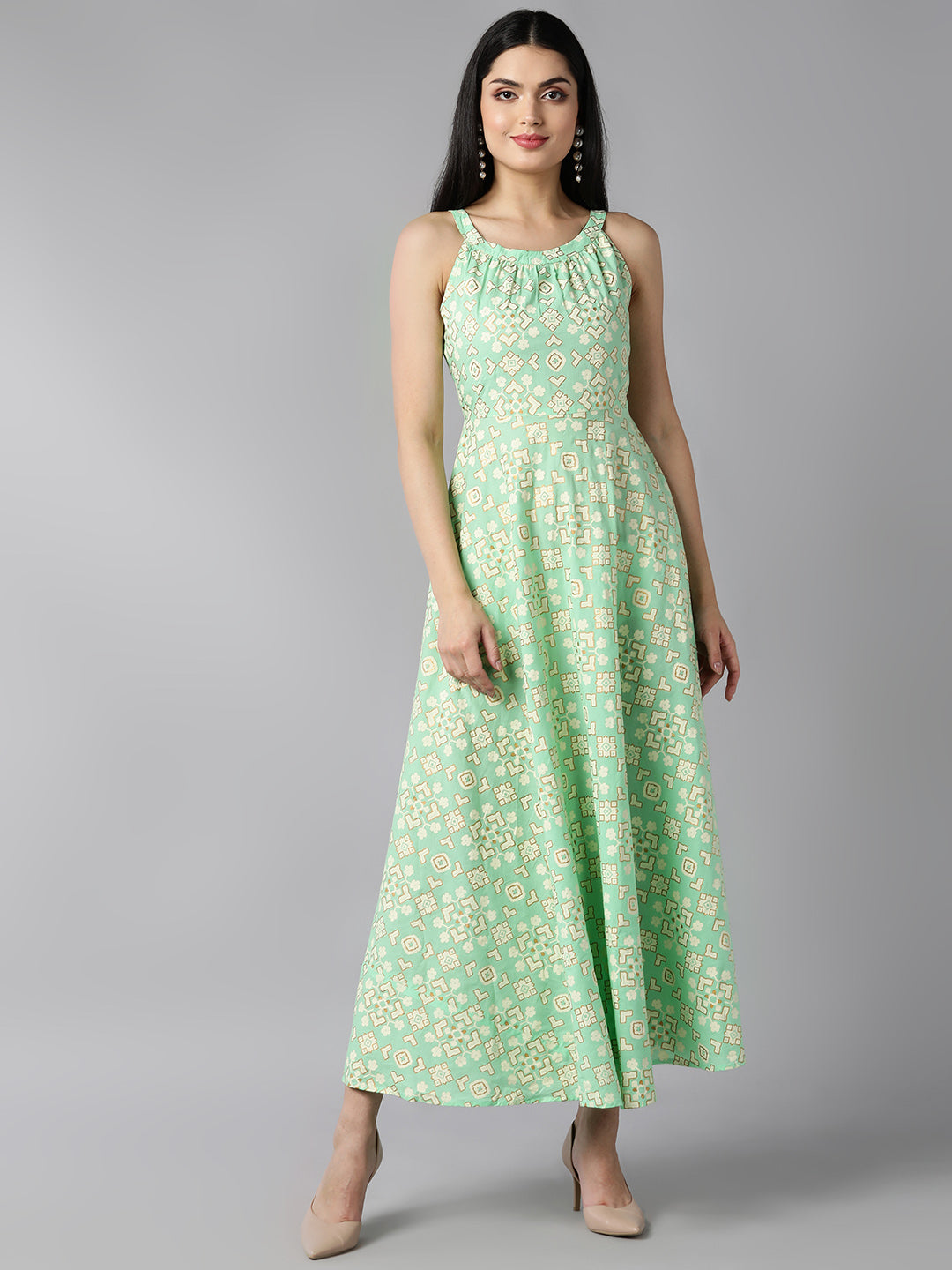 Women's Green Cotton Floral Printed Dress  - Ahika