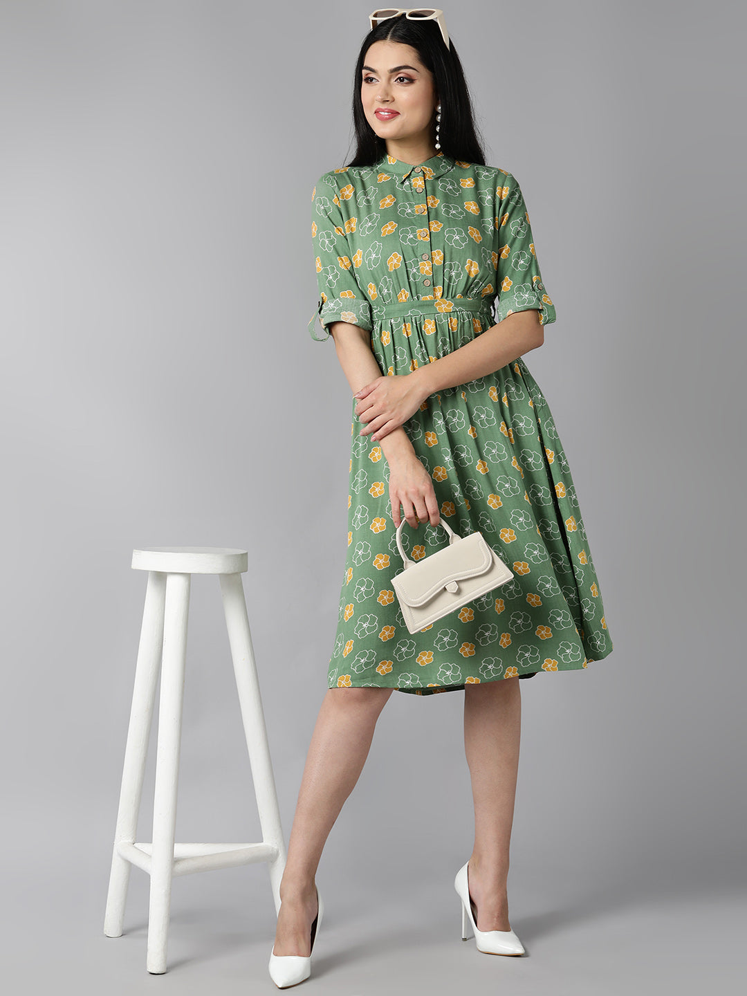 Women's Green Cotton Floral Printed Dress  - Ahika