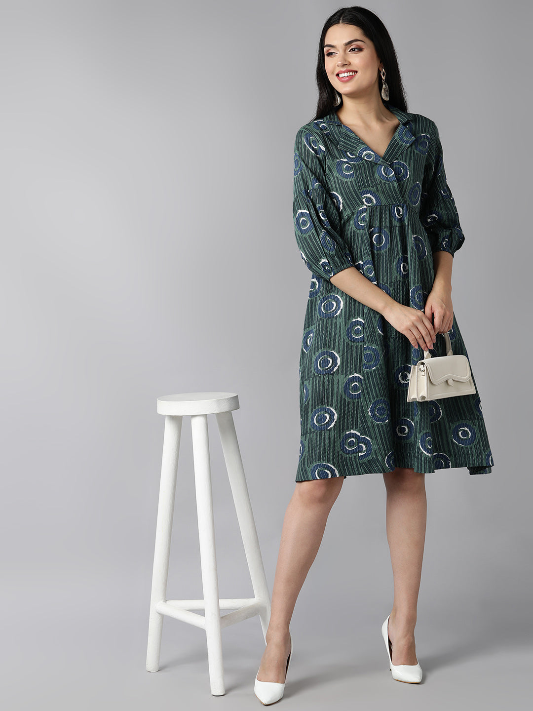 Women's Green Cotton Geometric Printed Dress  - Ahika