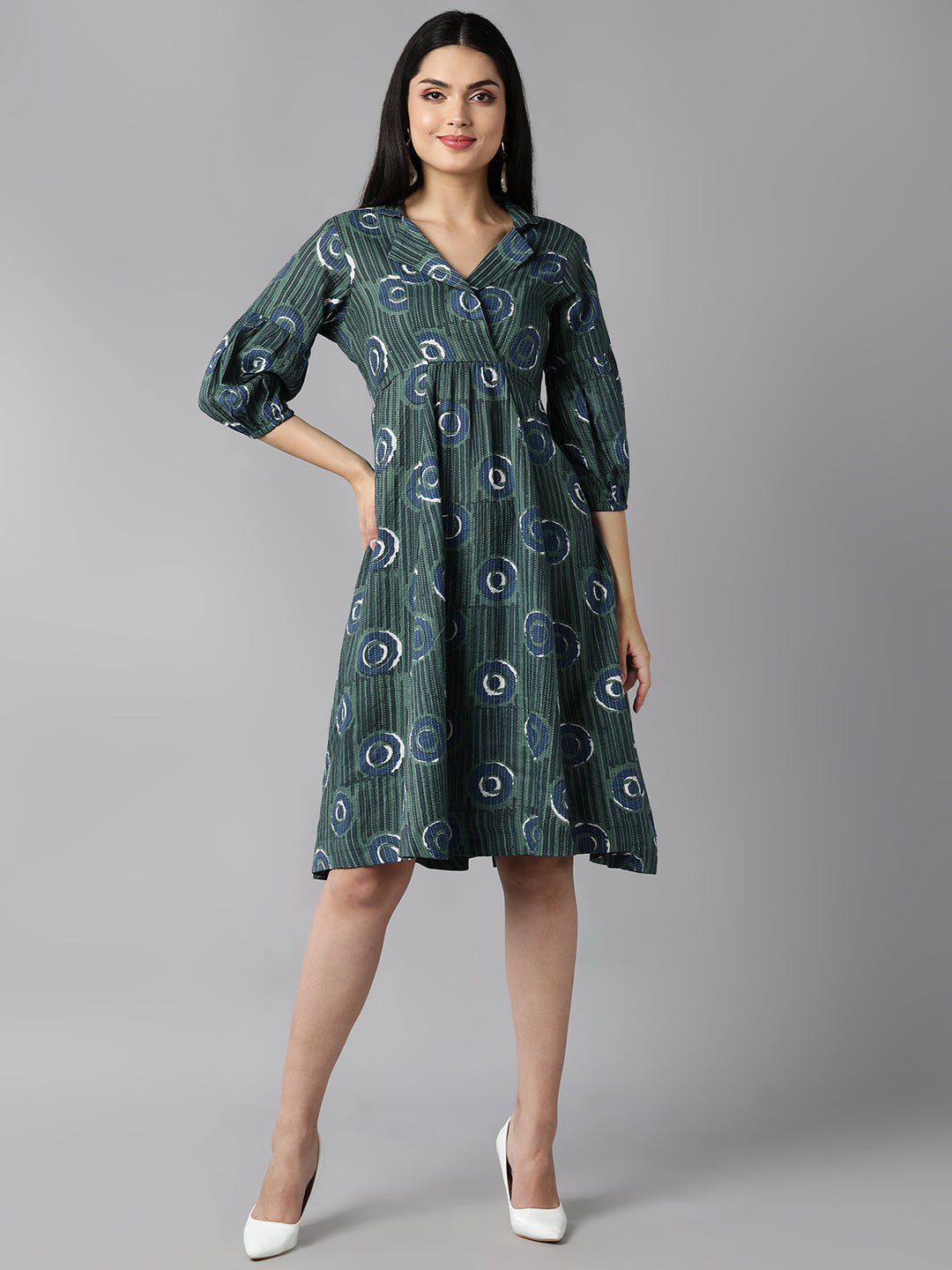 Women's Green Cotton Geometric Printed Dress  - Ahika