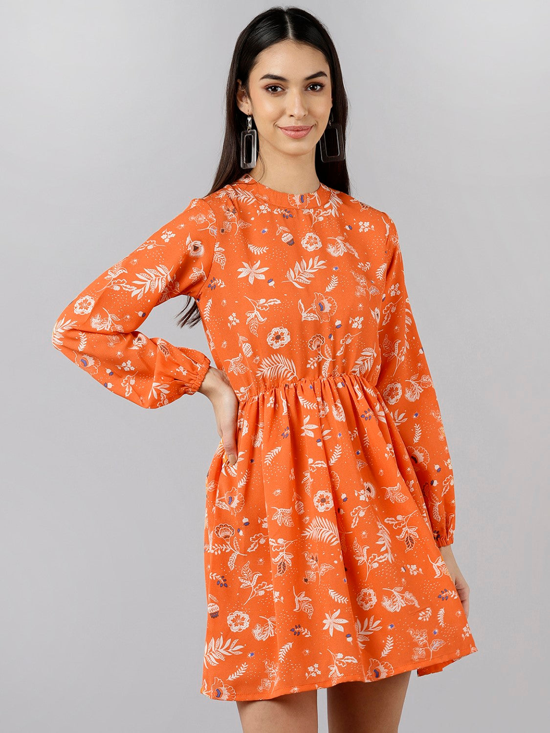 Women's Orange Polyester Floral Printed Dress  - Ahika