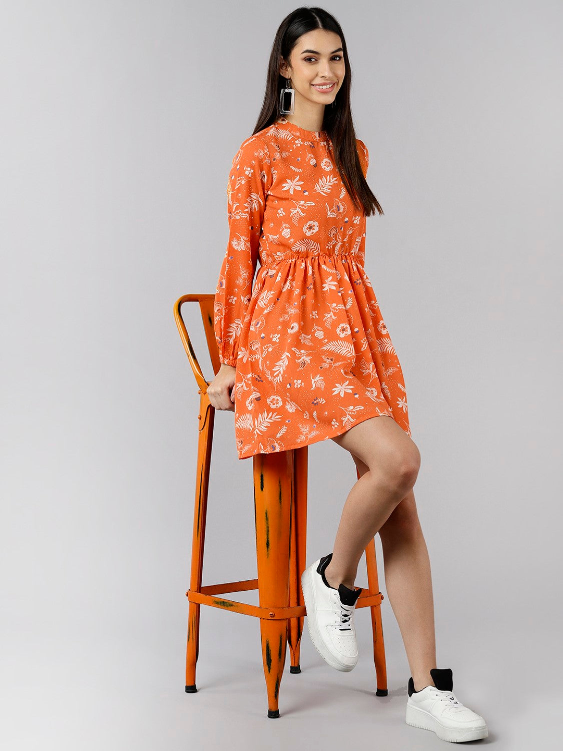 Women's Orange Polyester Floral Printed Dress  - Ahika