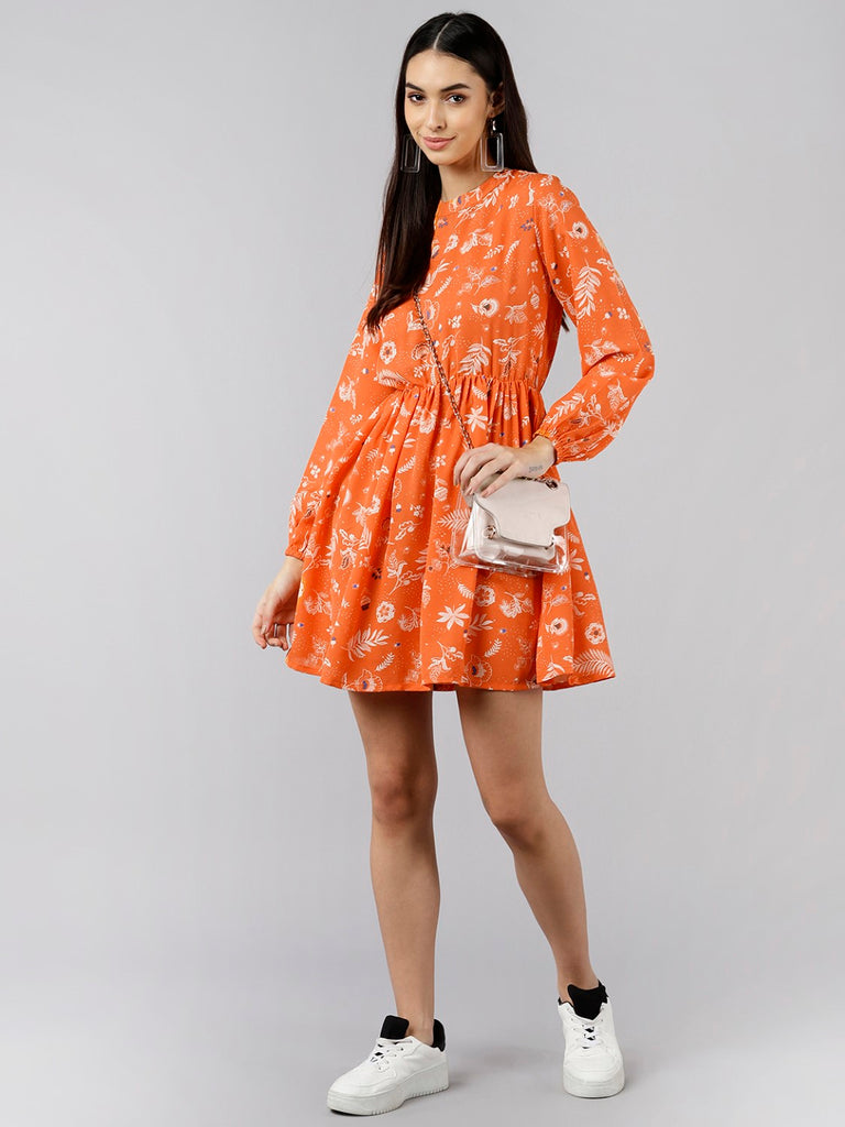 Women's Orange Polyester Floral Printed Dress