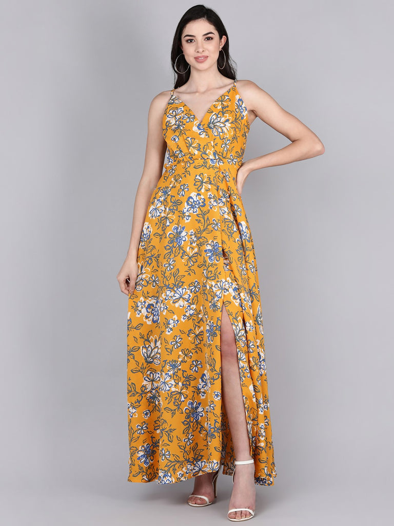 Women's Mustard Polyester Floral Printed Dress