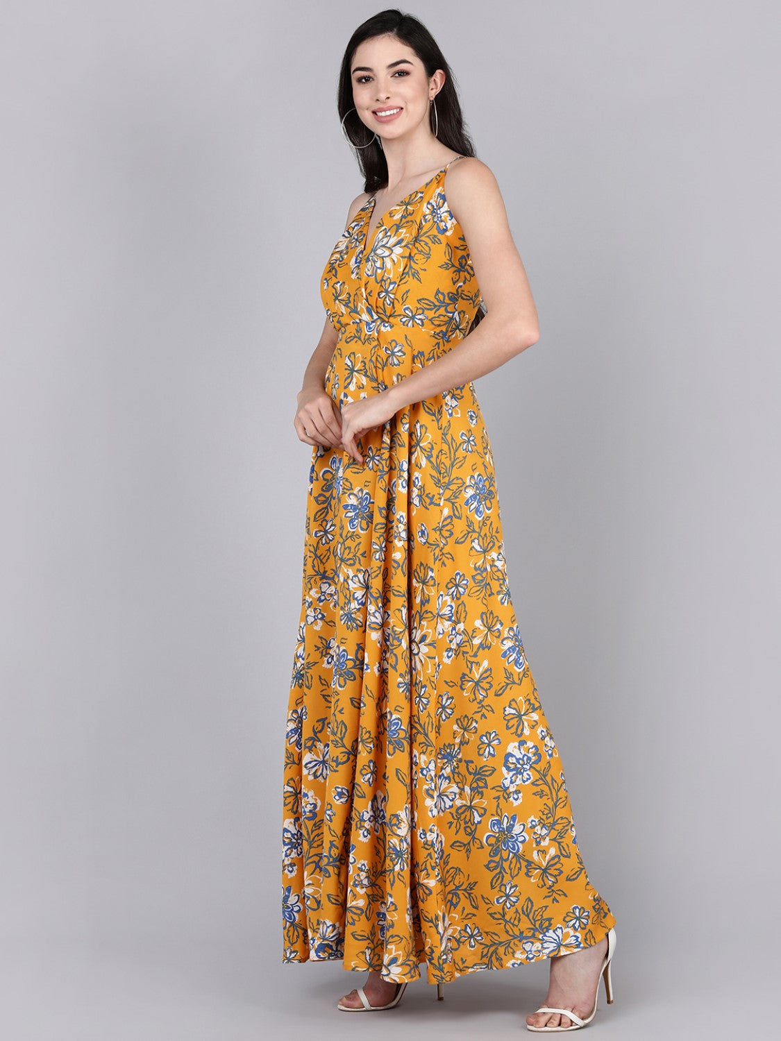 Women's Mustard Polyester Floral Printed Dress  - Ahika