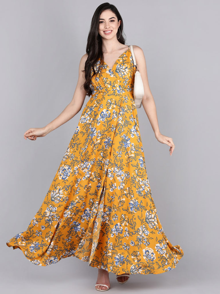 Women's Mustard Polyester Floral Printed Dress