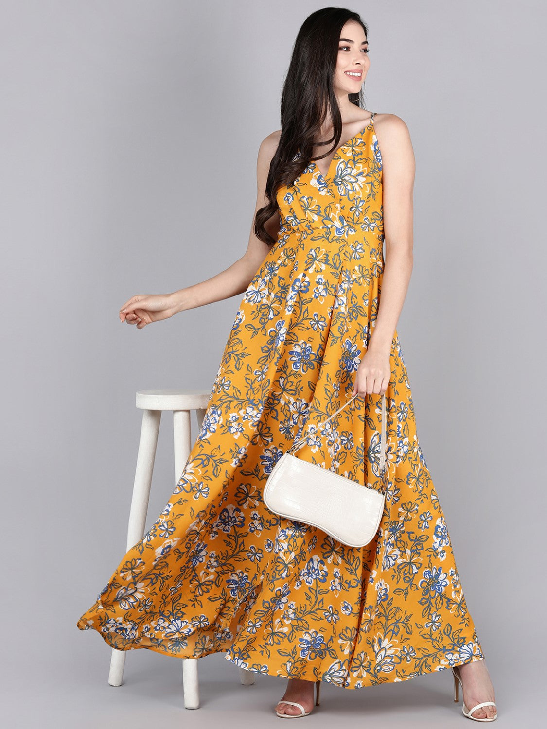 Women's Mustard Polyester Floral Printed Dress  - Ahika