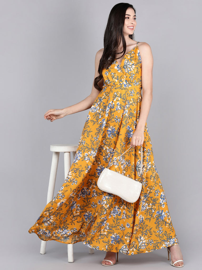 Women's Mustard Polyester Floral Printed Dress
