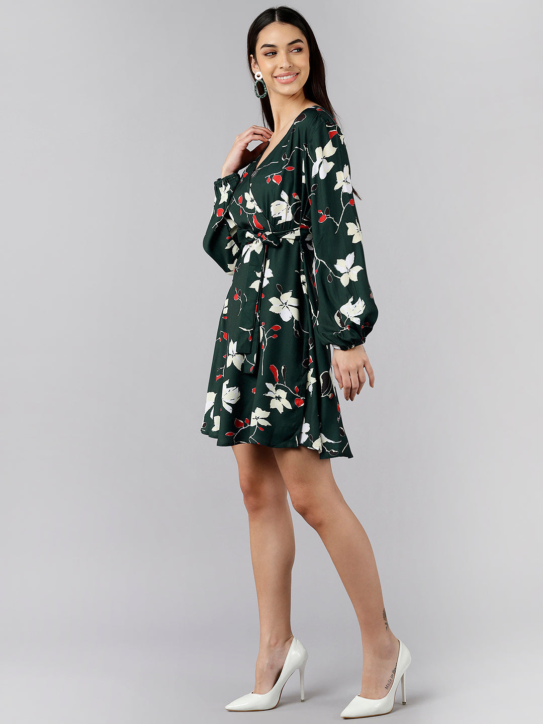 Women's Green Polyester Floral Printed Dress  - Ahika
