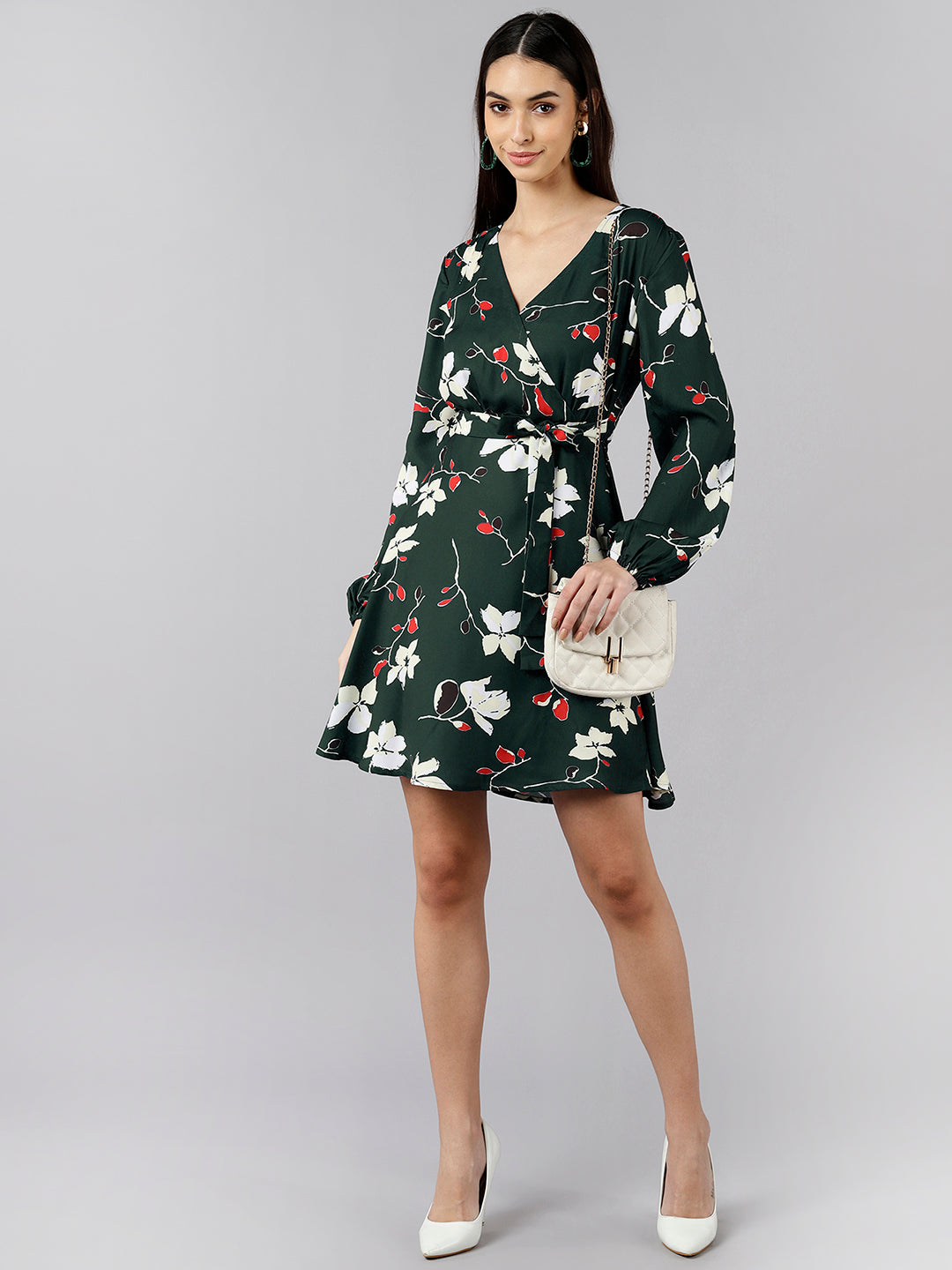 Women's Green Polyester Floral Printed Dress  - Ahika