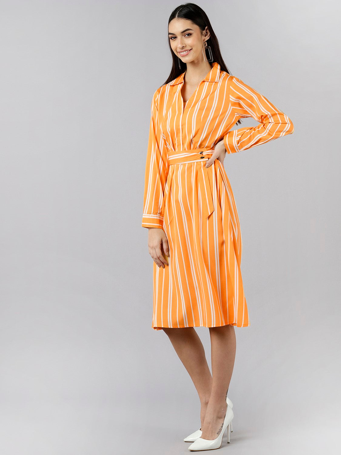 Women's Orange Polyester Striped Printed Dress  - Ahika