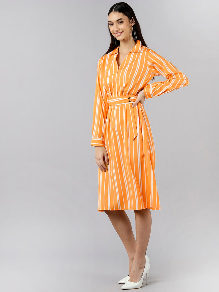 Women's Orange Polyester Striped Printed Dress