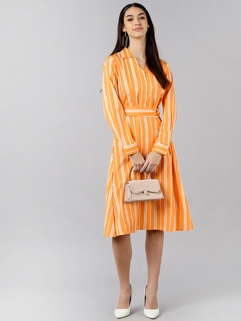 Women's Orange Polyester Striped Printed Dress