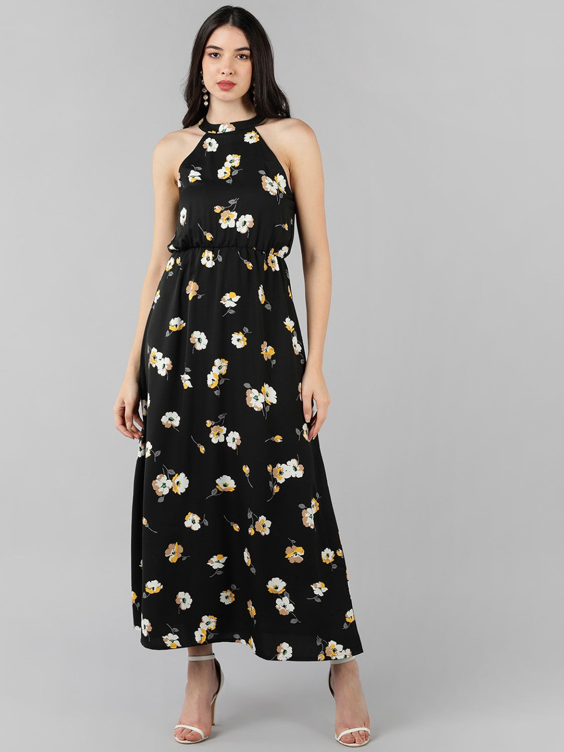 Women's Black Georgette Floral Printed Dress  - Ahika