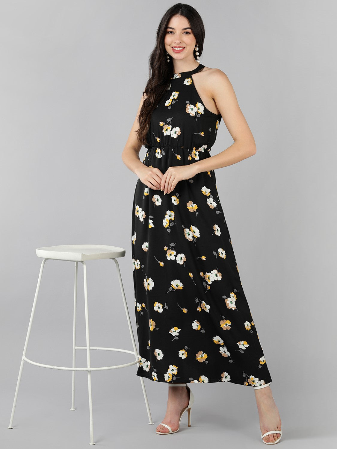 Women's Black Georgette Floral Printed Dress  - Ahika