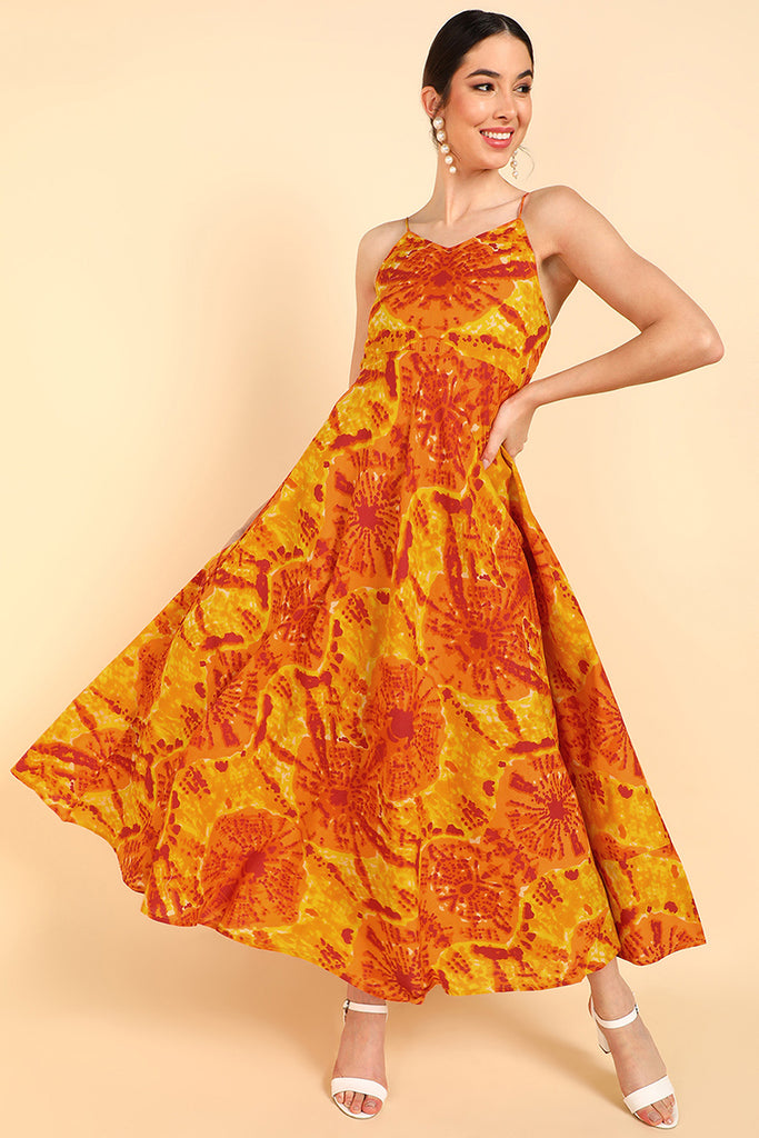 Women's Orange Cotton Tie And Dye Printed Dress