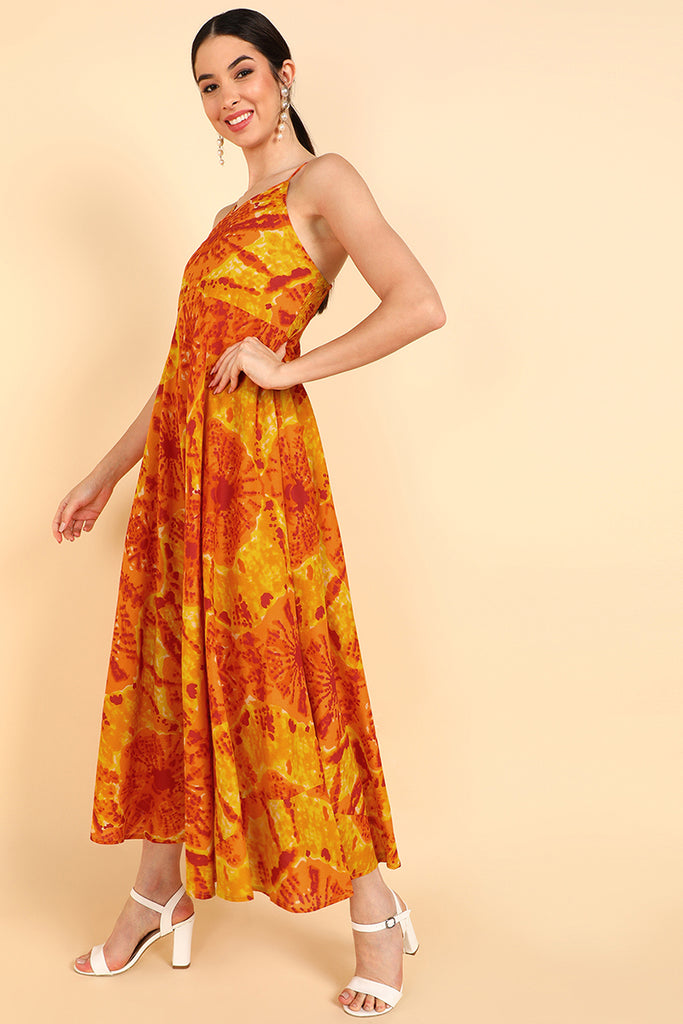 Women's Orange Cotton Tie And Dye Printed Dress