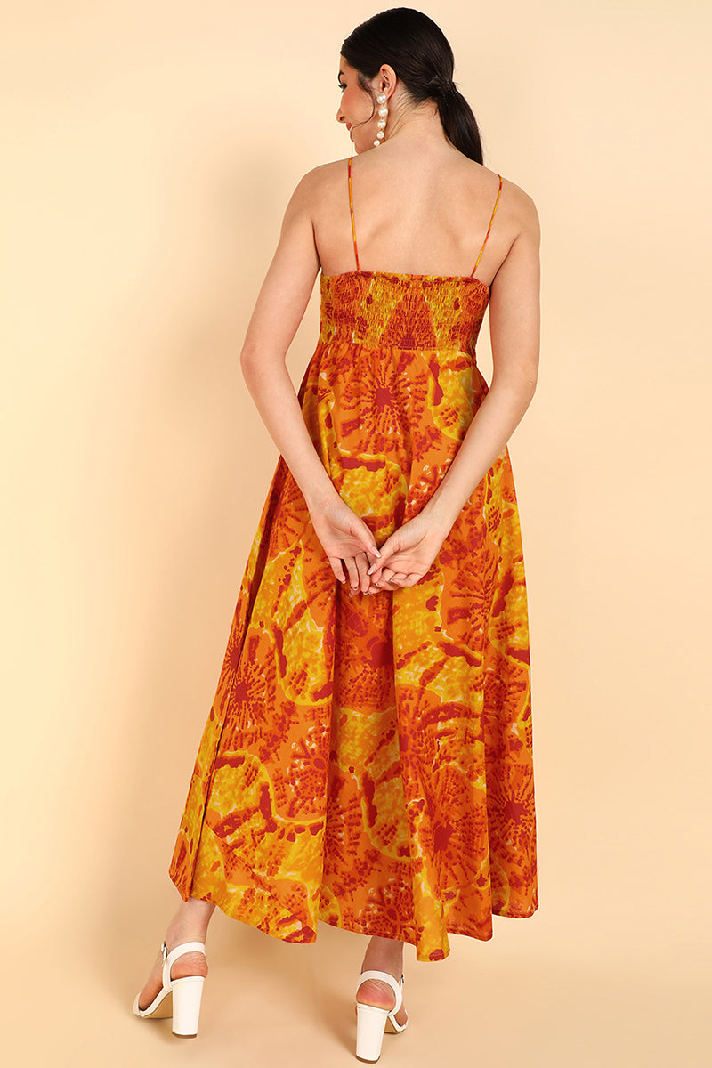 Women's Orange Cotton Tie And Dye Printed Dress  - Ahika