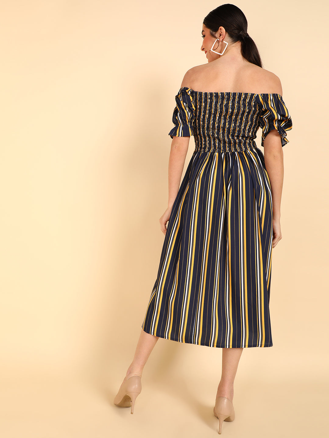 Women's Navy Blue Polyester Striped Printed Dress  - Ahika