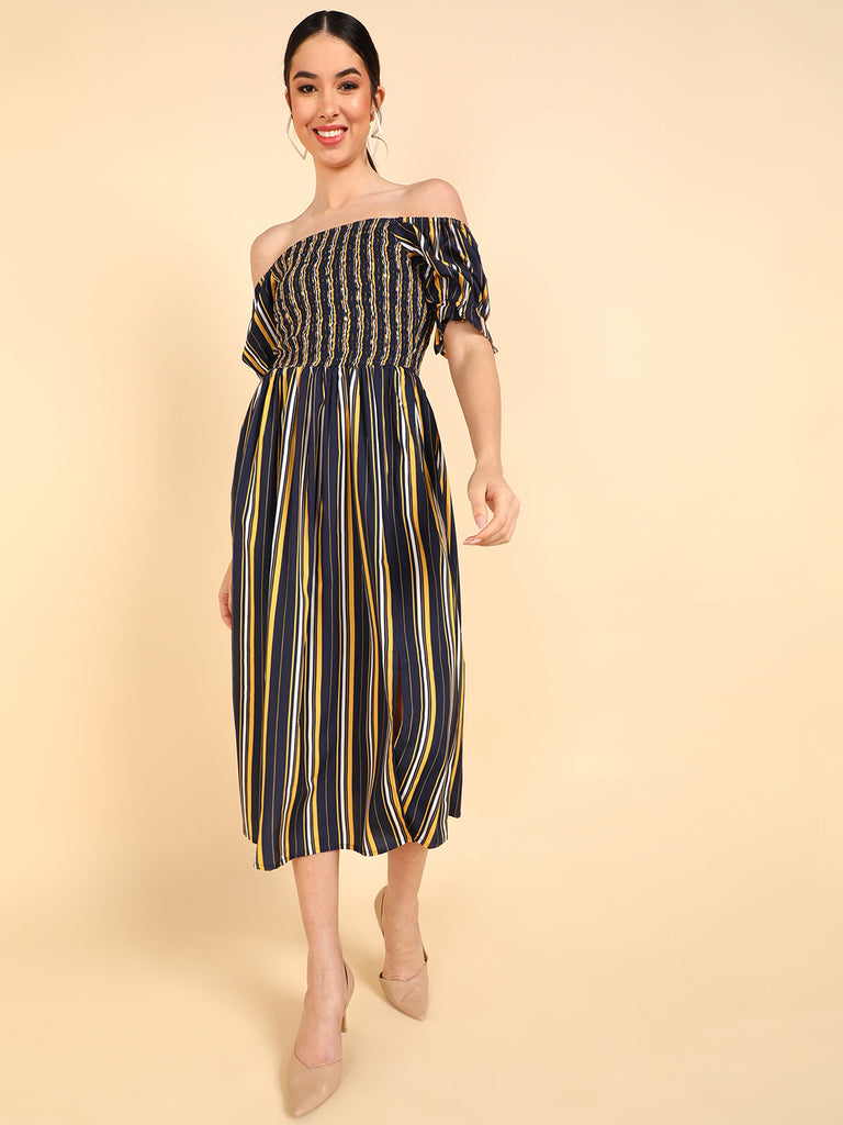 Women's Navy Blue Polyester Striped Printed Dress