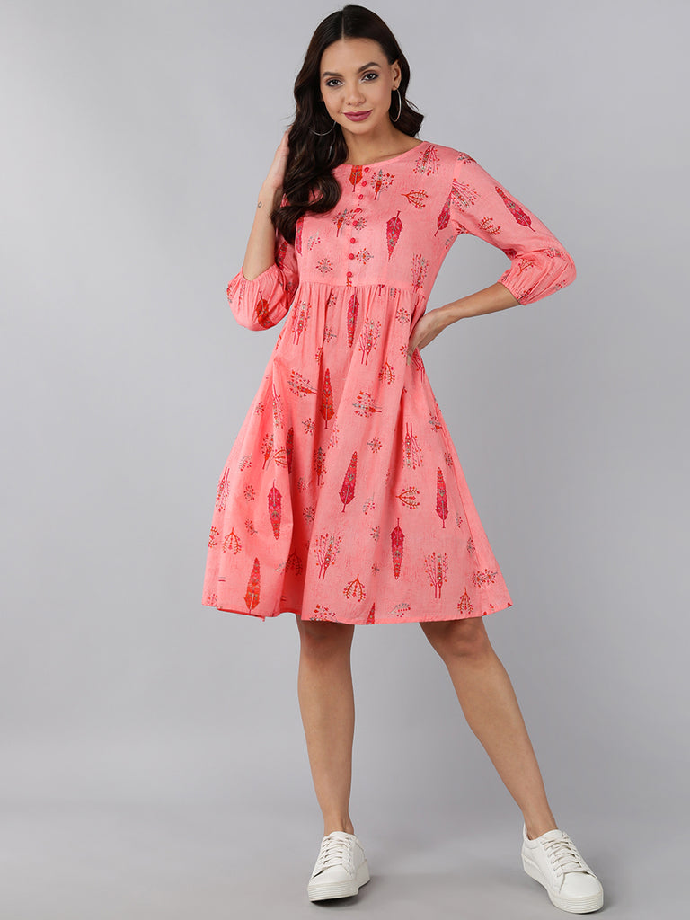 Women's Pink Cotton Ethnic Motifs Printed Dress