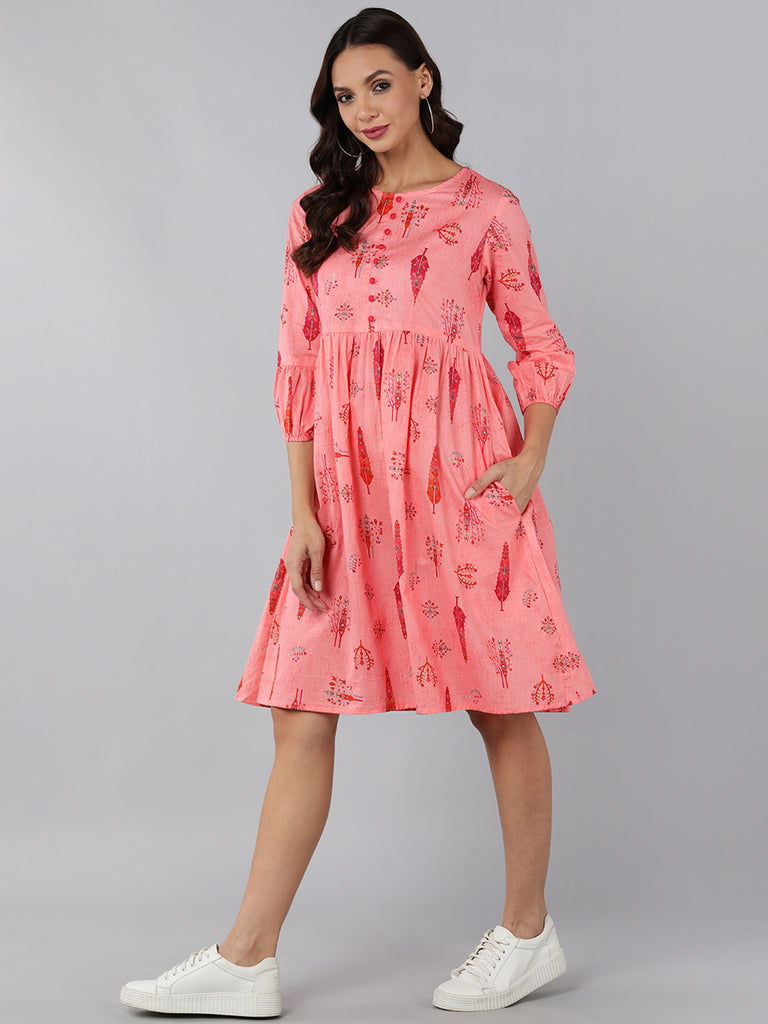 Women's Pink Cotton Ethnic Motifs Printed Dress