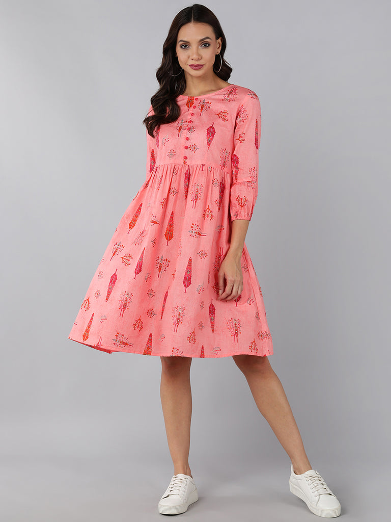 Women's Pink Cotton Ethnic Motifs Printed Dress