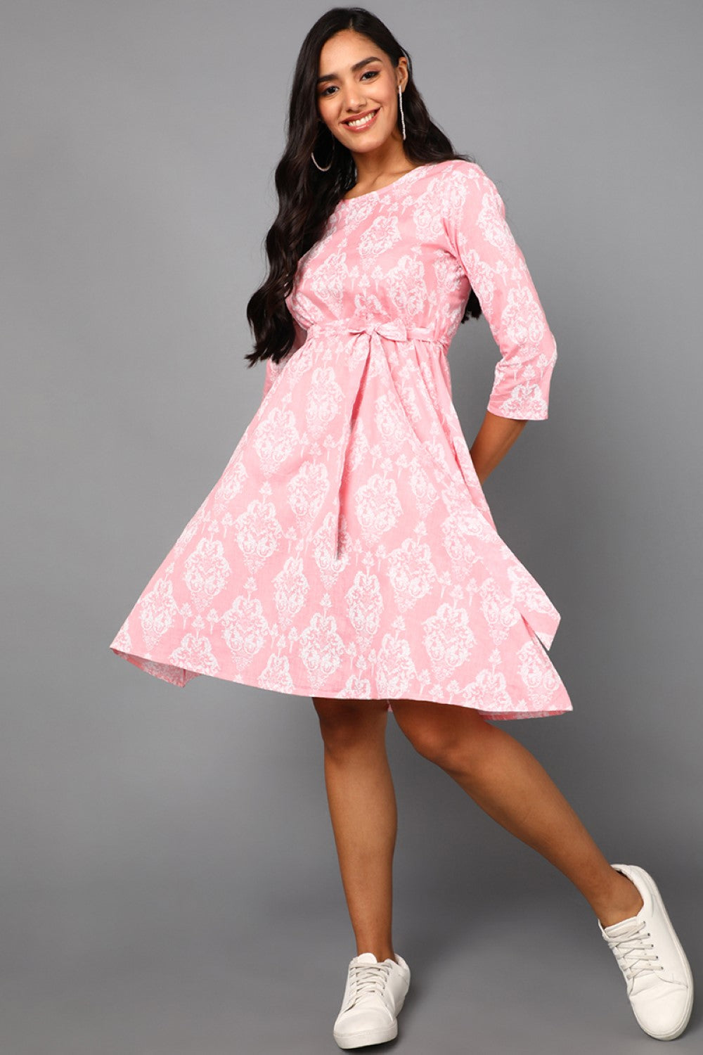 Women's Pink Cotton Ethnic Motifs Printed Dress  - Ahika