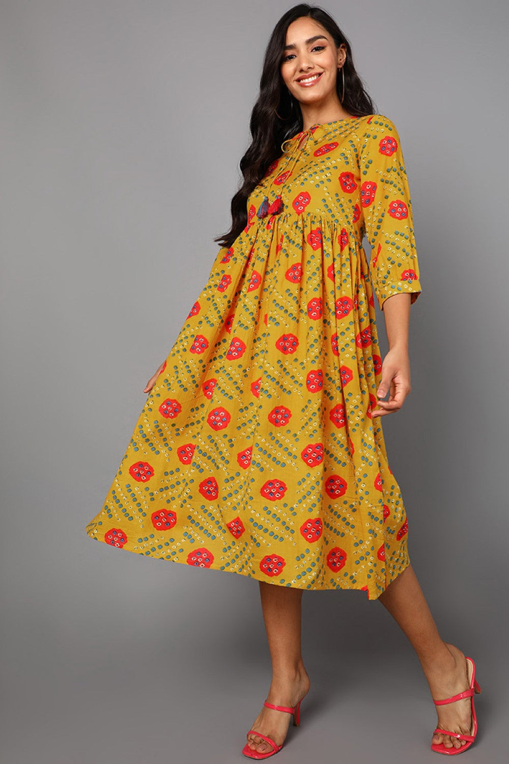 Women's Yellow Cotton Bandhani Printed Dress  - Ahika