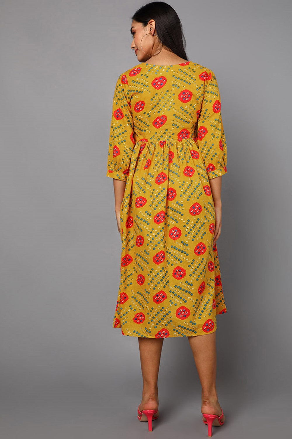 Women's Yellow Cotton Bandhani Printed Dress  - Ahika
