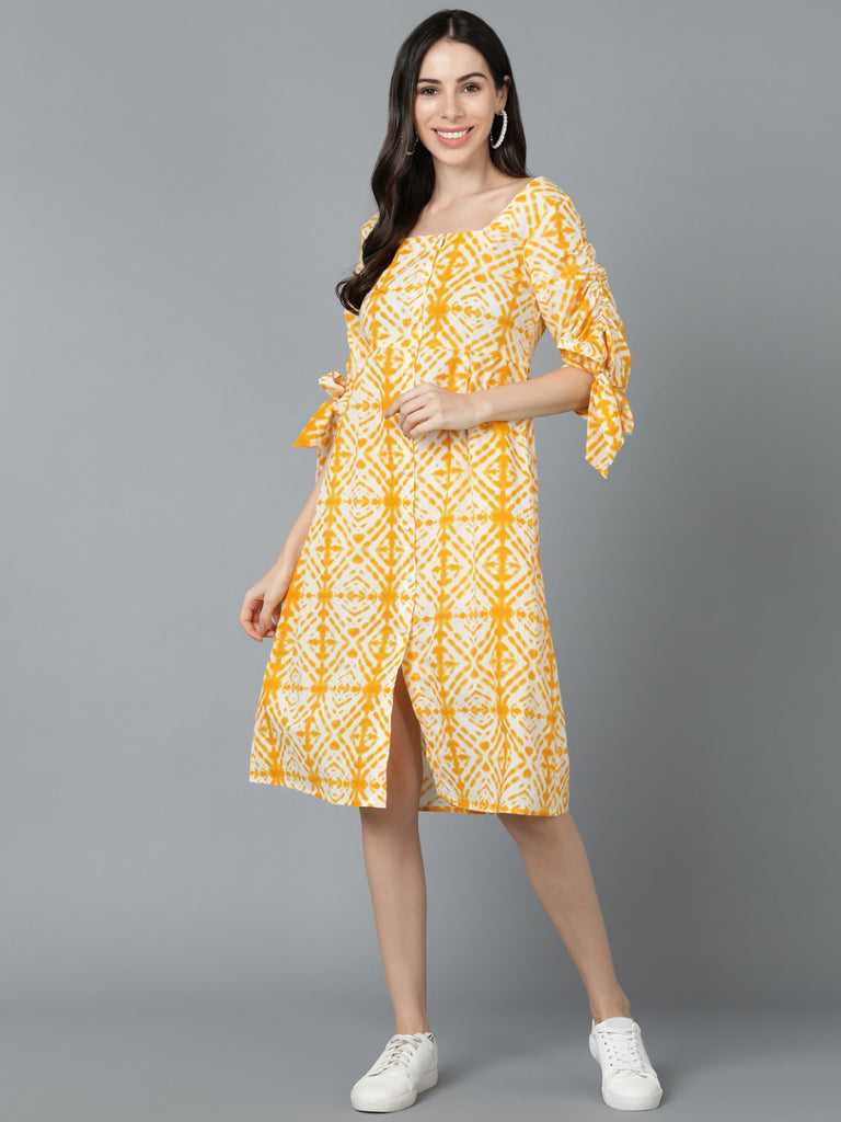 Women's Yellow Cotton Tie And Dye Printed Dress