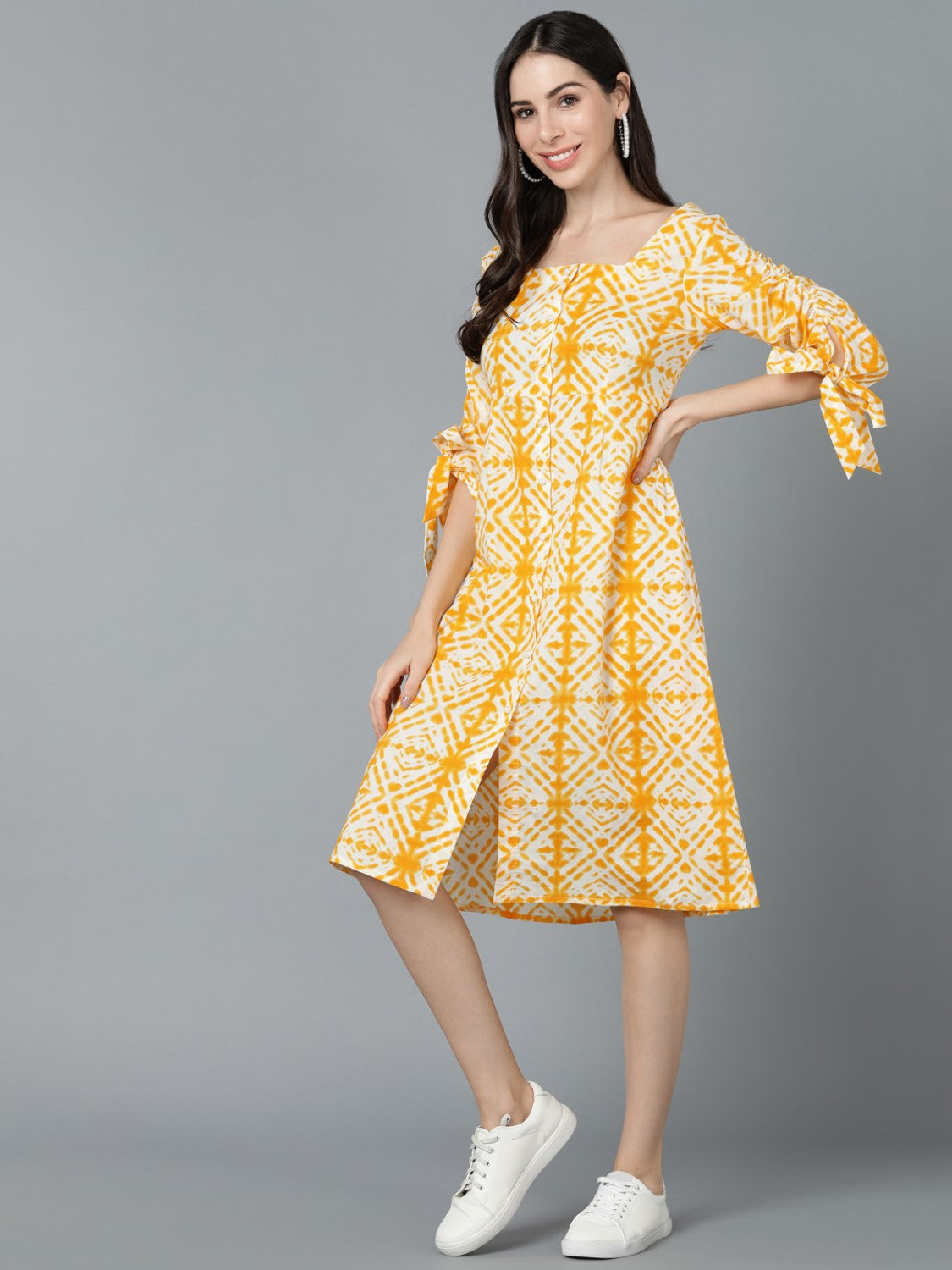 Women's Yellow Cotton Tie And Dye Printed Dress  - Ahika