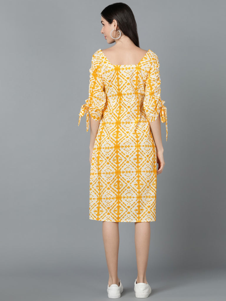 Women's Yellow Cotton Tie And Dye Printed Dress
