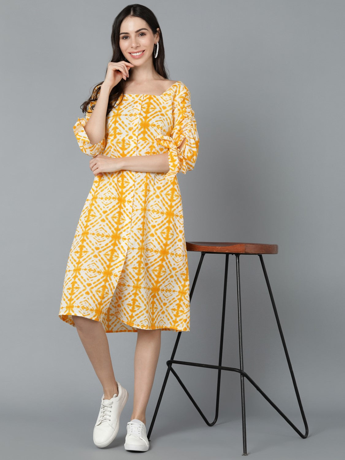 Women's Yellow Cotton Tie And Dye Printed Dress  - Ahika