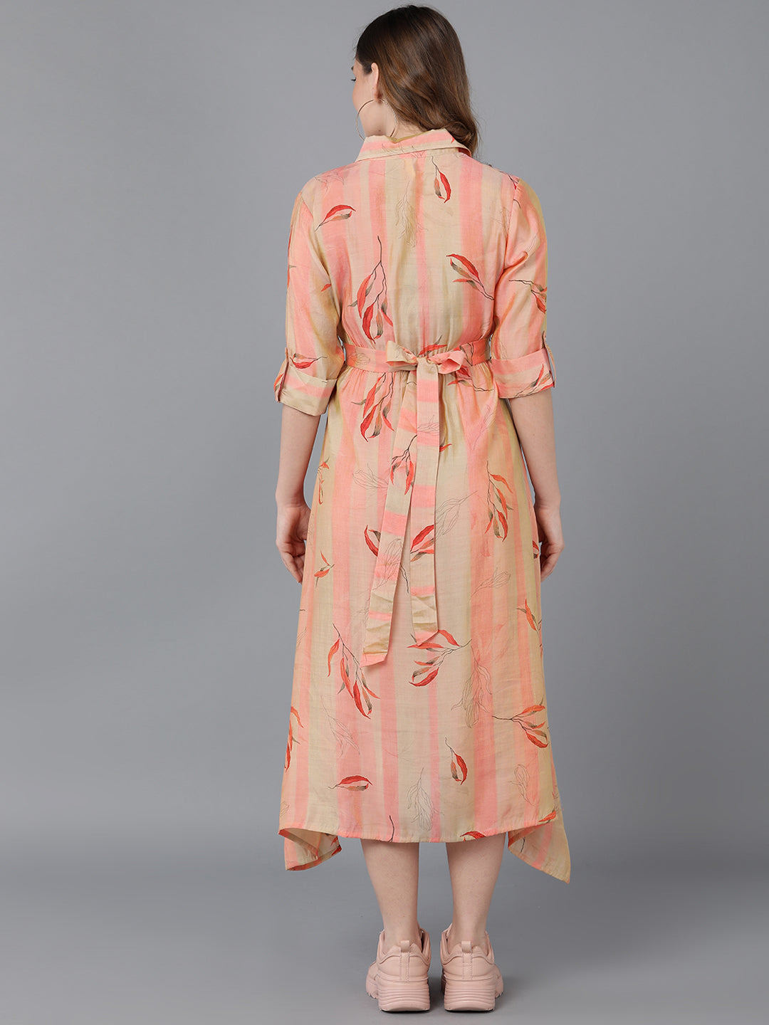 Women's Peach Crepe Striped Printed Dress  - Ahika