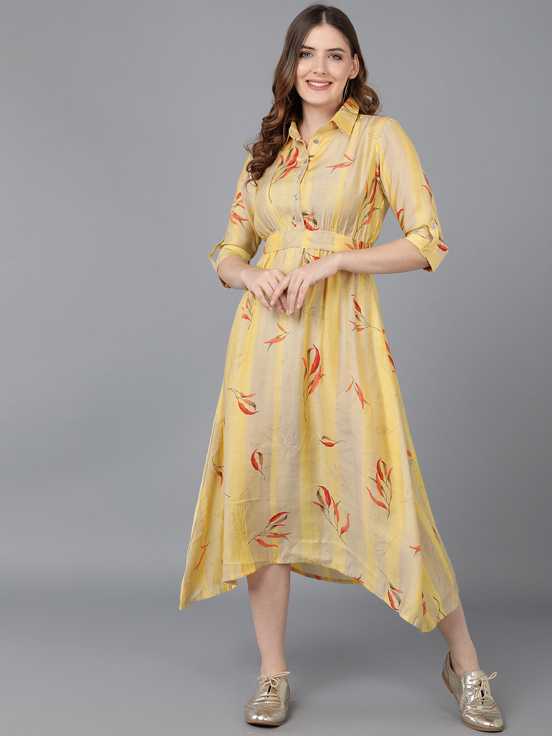 Women's Yellow Crepe Striped Printed Dress  - Ahika
