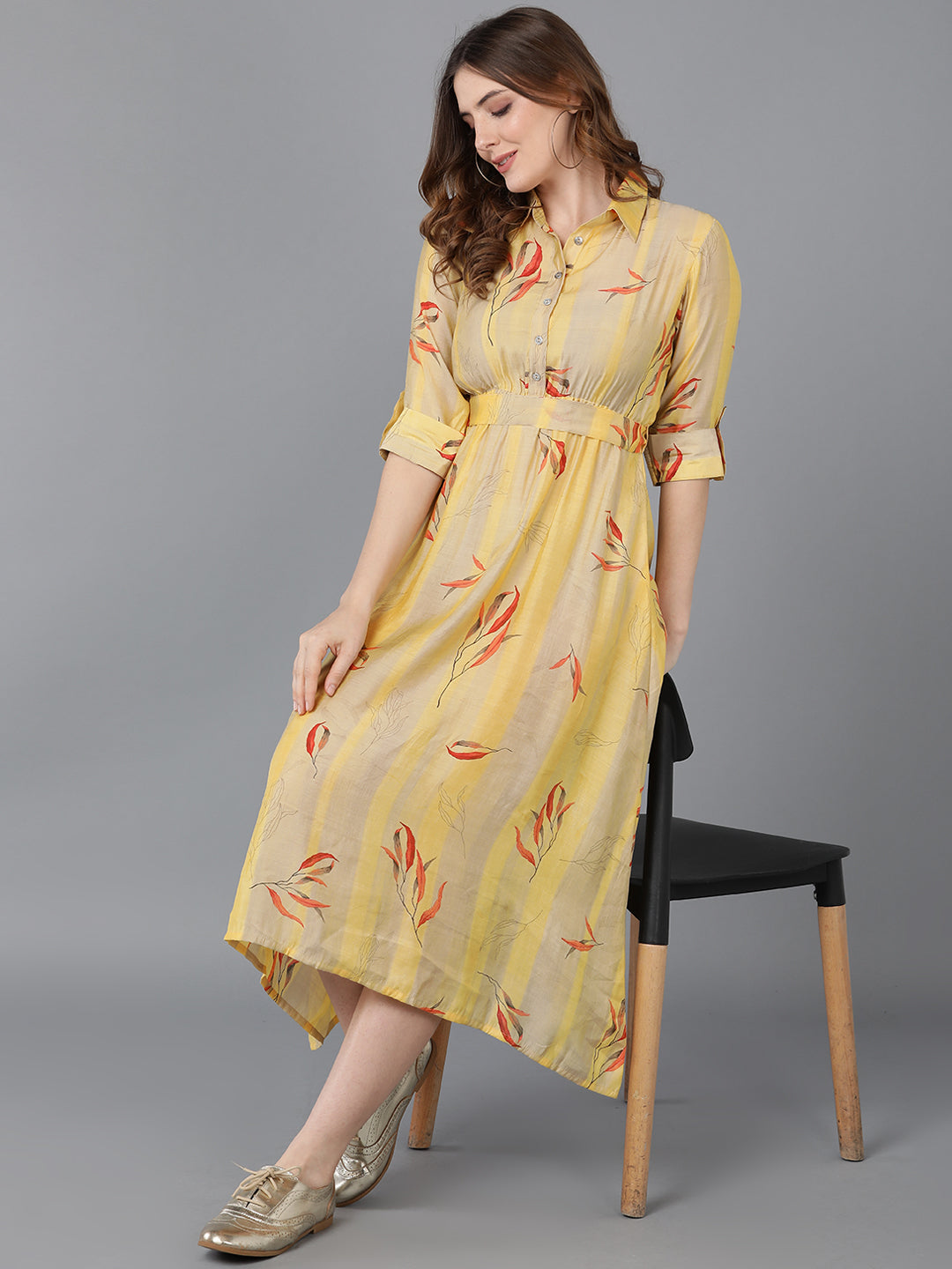 Women's Yellow Crepe Striped Printed Dress  - Ahika
