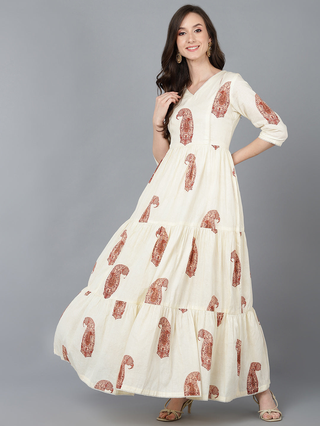 Women's Cream Cotton Ethnic Motifs Printed Dress  - Ahika